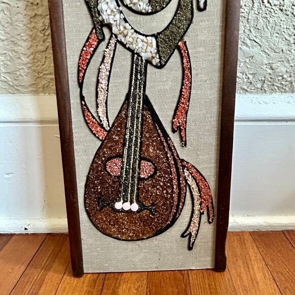Vintage Mid-Century Gravel Art Wall Hanging – Abstract Musician with Lute - Picture 9 of 16